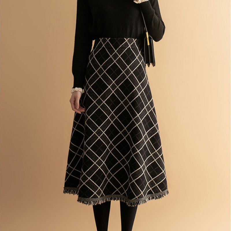 Plaid  Big Hem Skirt Wool Midi Dress