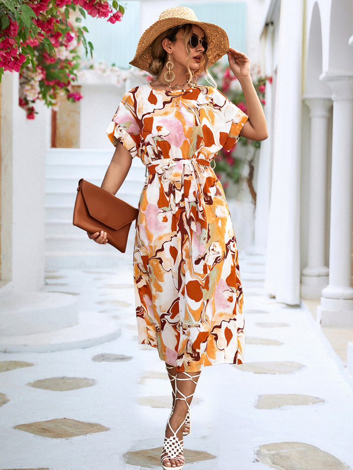 Summer Print Short-sleeved Dress Summer Loose Lace-up A-line Long Dresses Fashion Casual Holiday Beach Dress