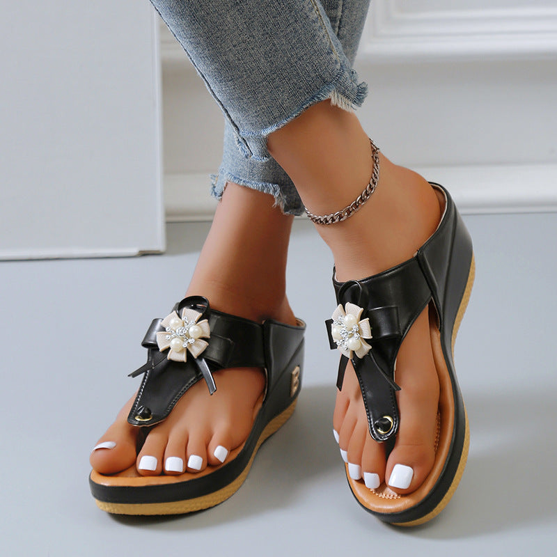 Flower Pearl Sandals Fashion Clip Toe Flip Flops Shoes Wedges Beach Shoes