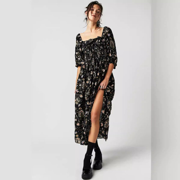 Exposed Back Ruffled Square Collar Printed Half-length Sleeve Dress