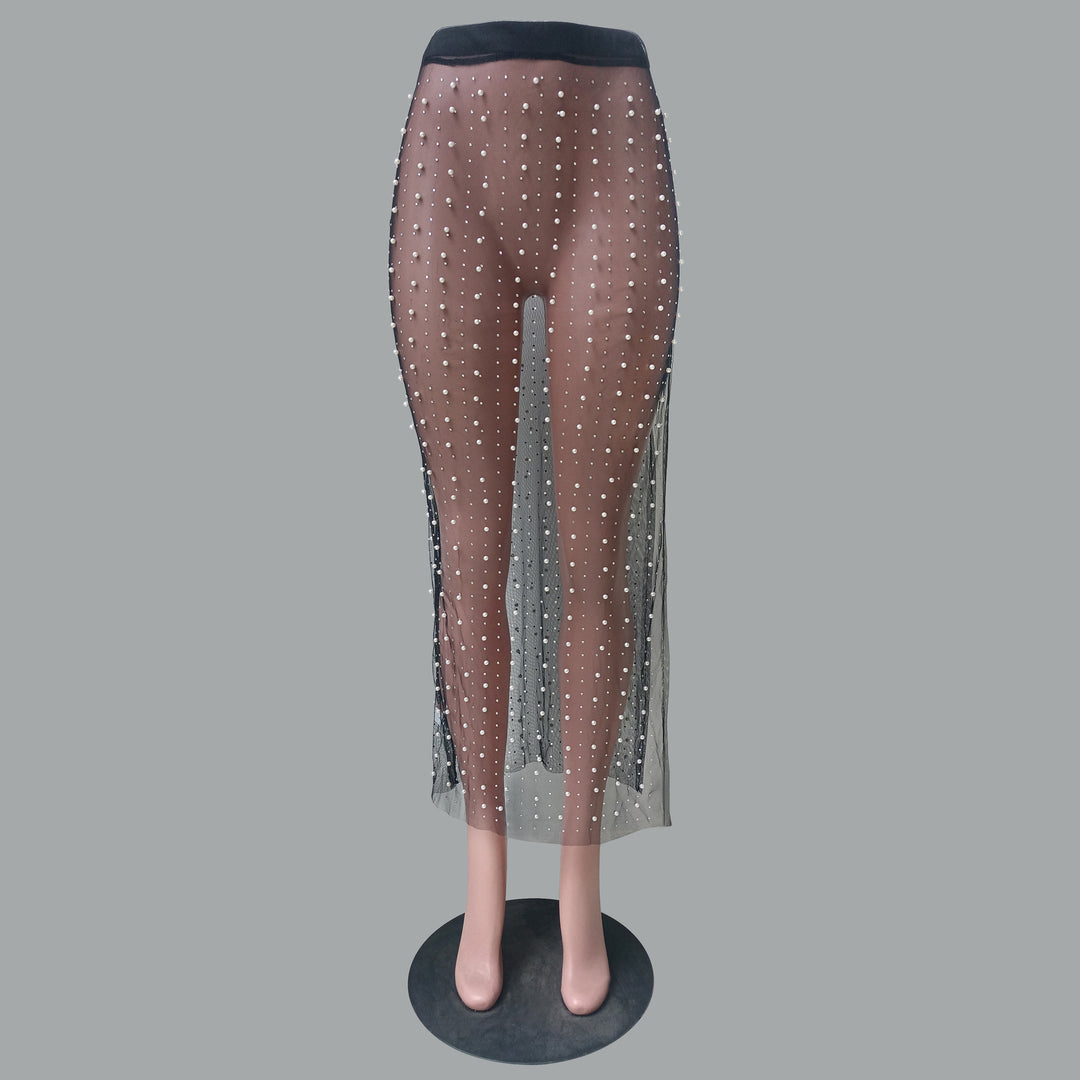 Fashion Bead Rhinestone Split Mesh Skirt