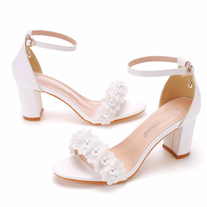 Women's Fashionable One-strap Beaded Flower High Heel Sandals