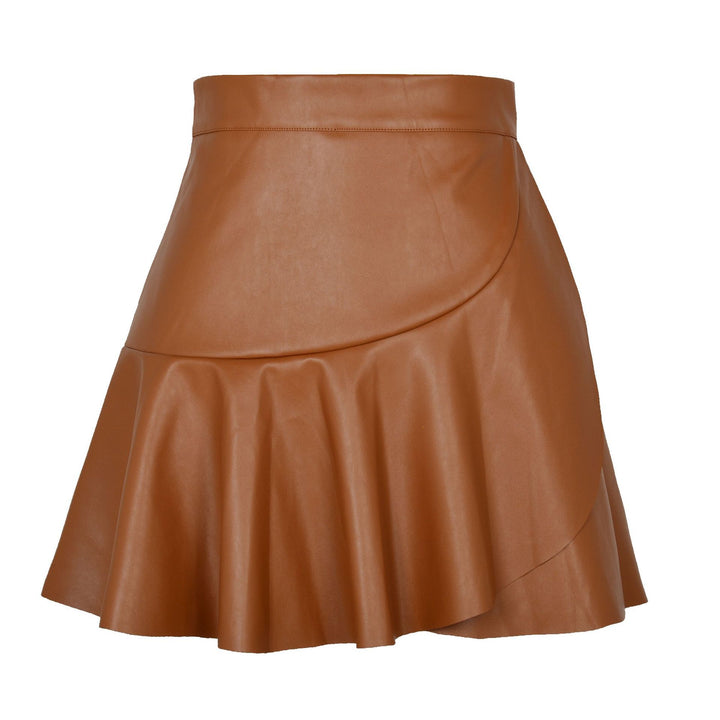 High Waist Ruffles Irregular Leather Skirt