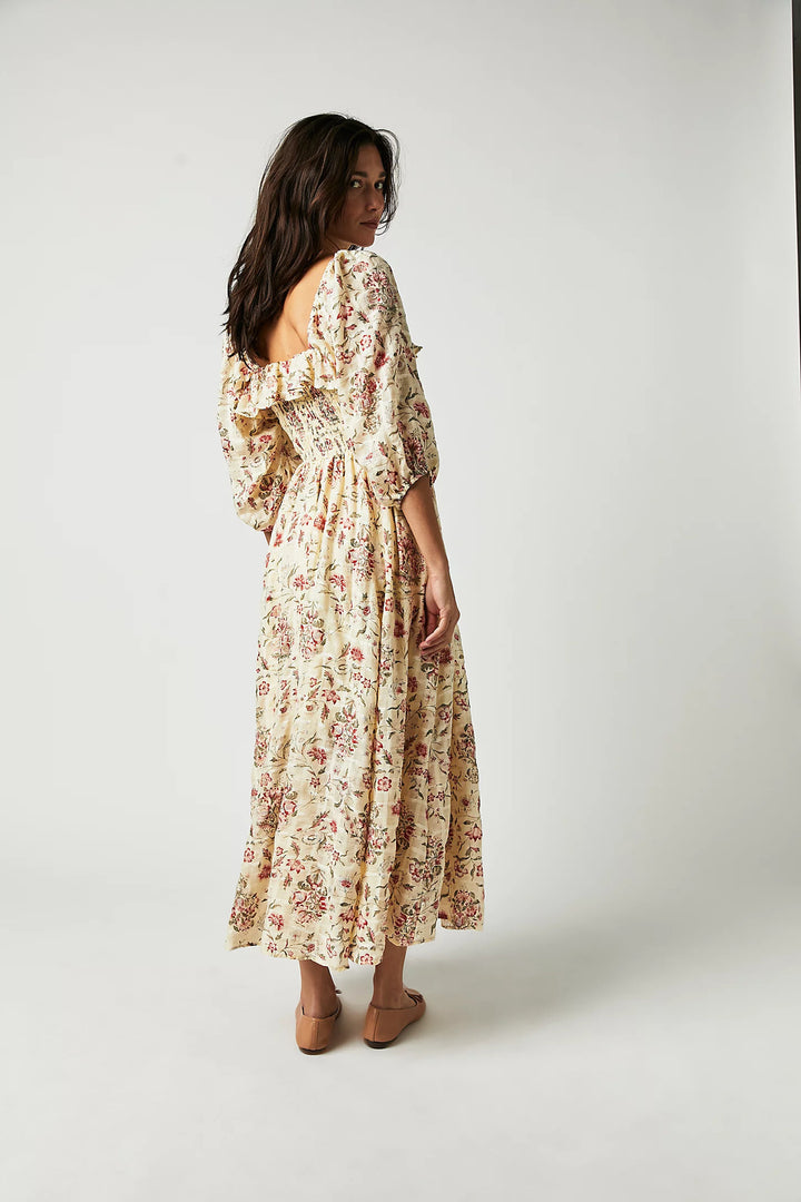 Exposed Back Ruffled Square Collar Printed Half-length Sleeve Dress