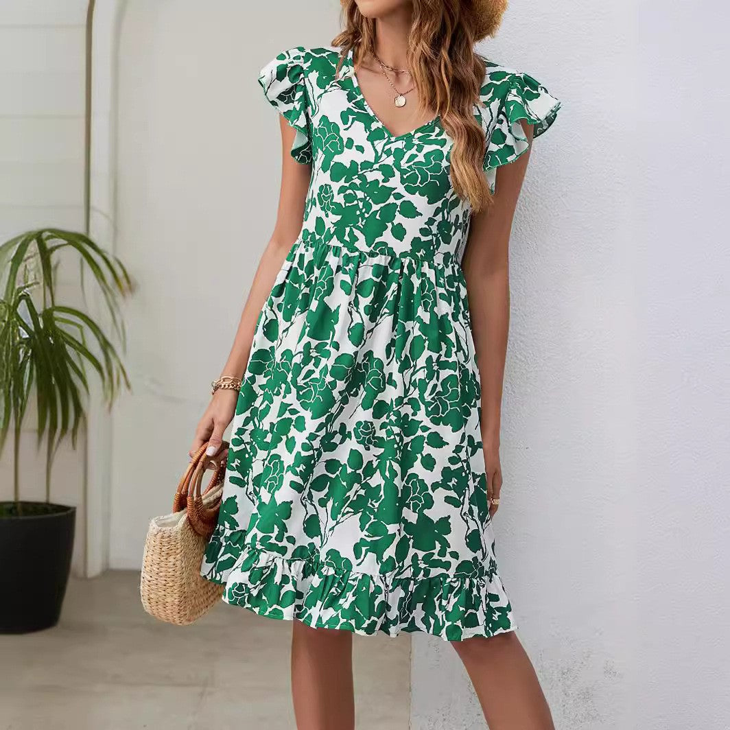 Leaf Print Dress Summer V-neck Ruffled Sleeveless A-Line Dresses Fashion Casual Holiday Beach Dress