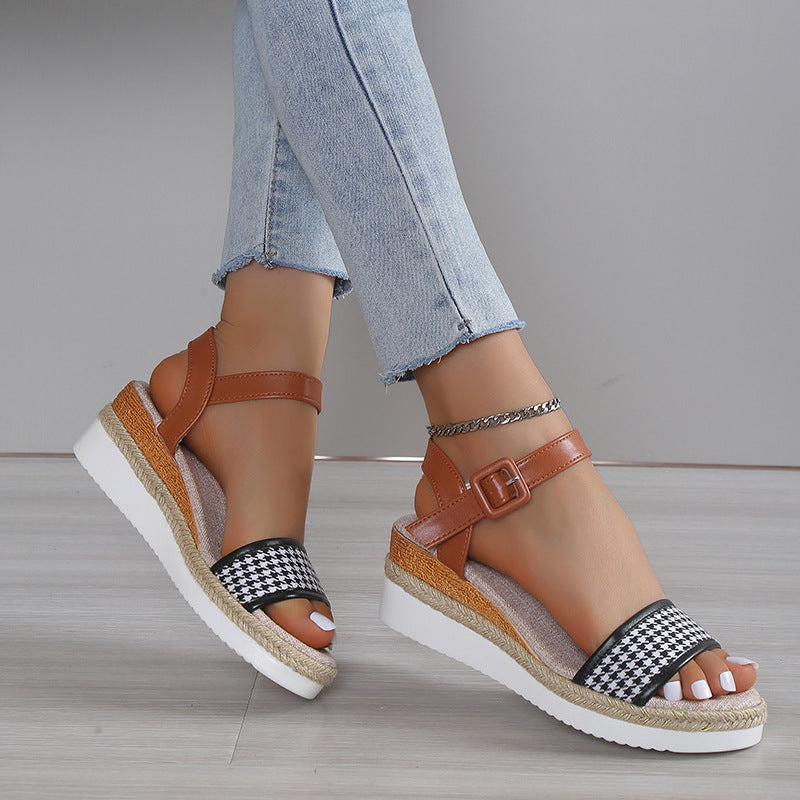 Houndstooth Print Sandals Women Summer Buckle Dress Shoes