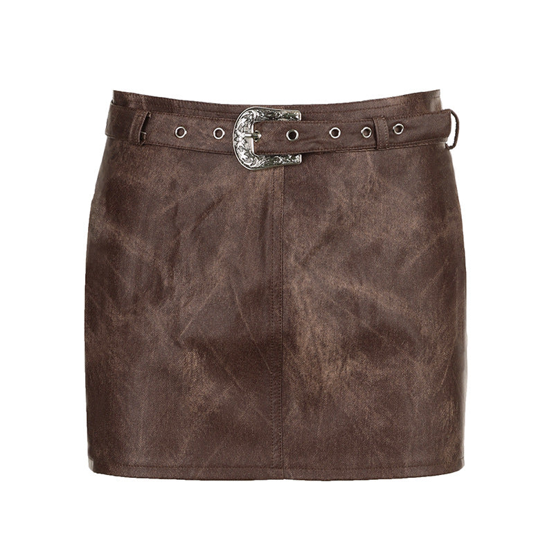 Fashion Brown Vintage Tie-dye Leather Skirt