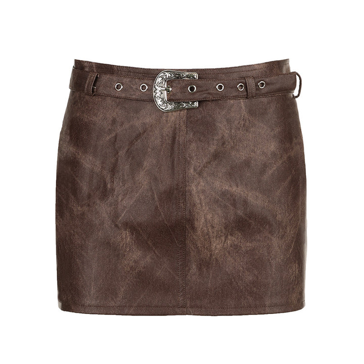 Fashion Brown Vintage Tie-dye Leather Skirt