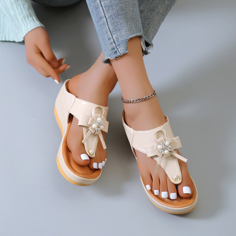 Flower Pearl Sandals Fashion Clip Toe Flip Flops Shoes Wedges Beach Shoes