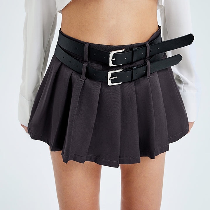 High Waist Slimming Fashion Spice Double Belt Pleated Skirt With Lining