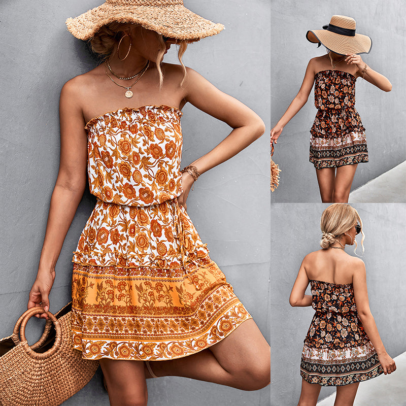 Bohemian Floral Print Strapless Dress Summer Beach Dress