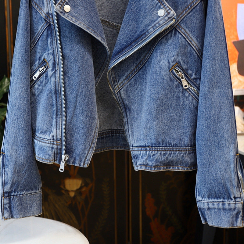 Large Lapel Long-sleeve Zipper Locomotive Style Denim Coat Jacket