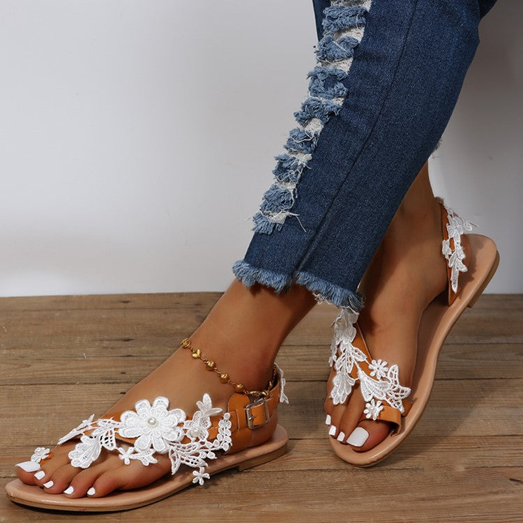 Lace Sandals Bohemia Beach Shoes Flowers Ankle Strap Flat Shoes Summer