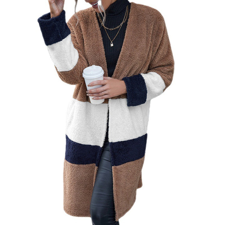 Double Sided Fur Color Block Mid-length Cardigan Trench Coat