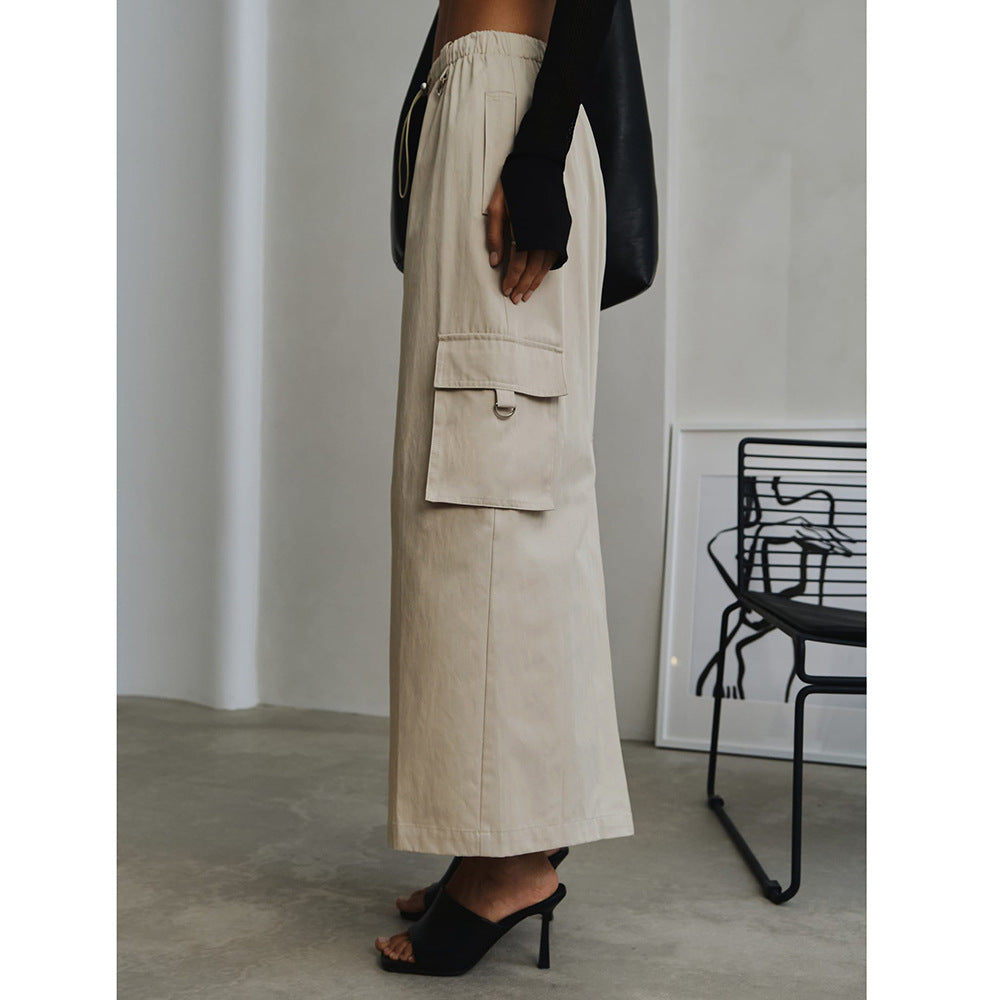 Fashion Drawstring Elastic Waist Double Pocket Cotton High Waist Skirt