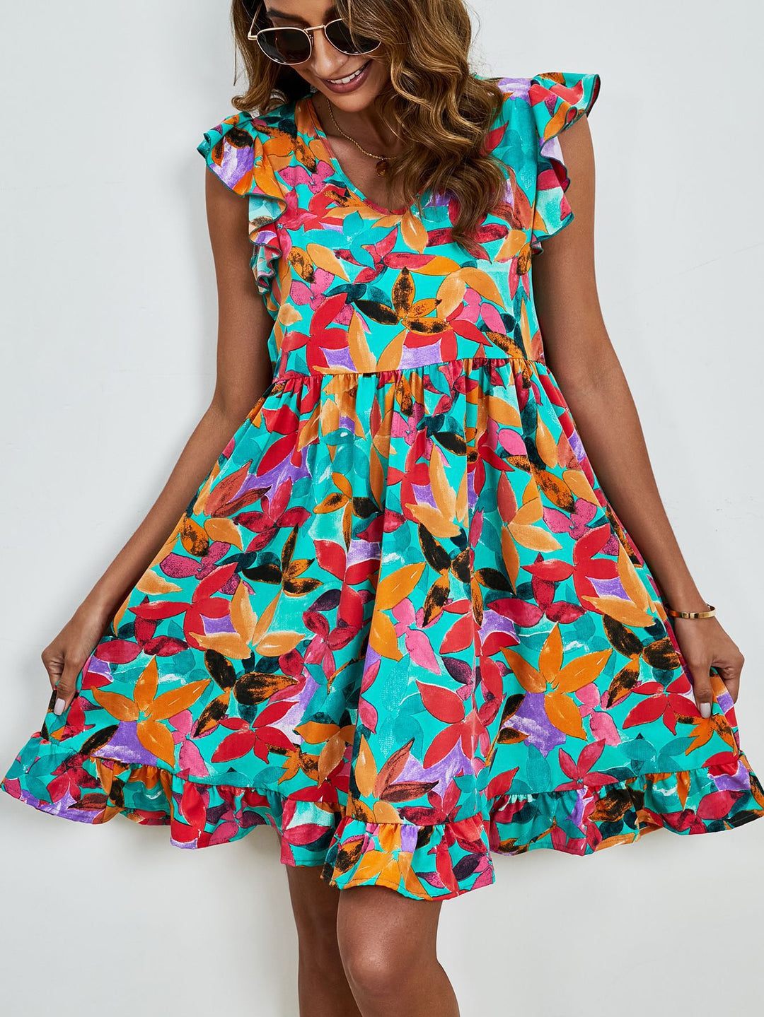 Leaf Print Dress Summer V-neck Ruffled Sleeveless A-Line Dresses Fashion Casual Holiday Beach Dress