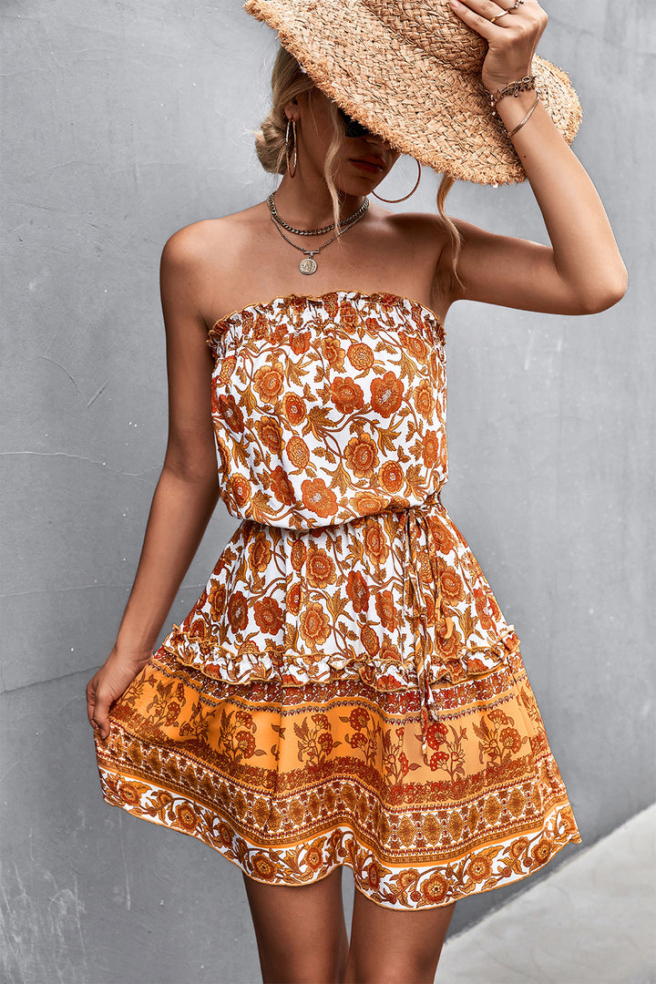 Bohemian Floral Print Strapless Dress Summer Beach Dress