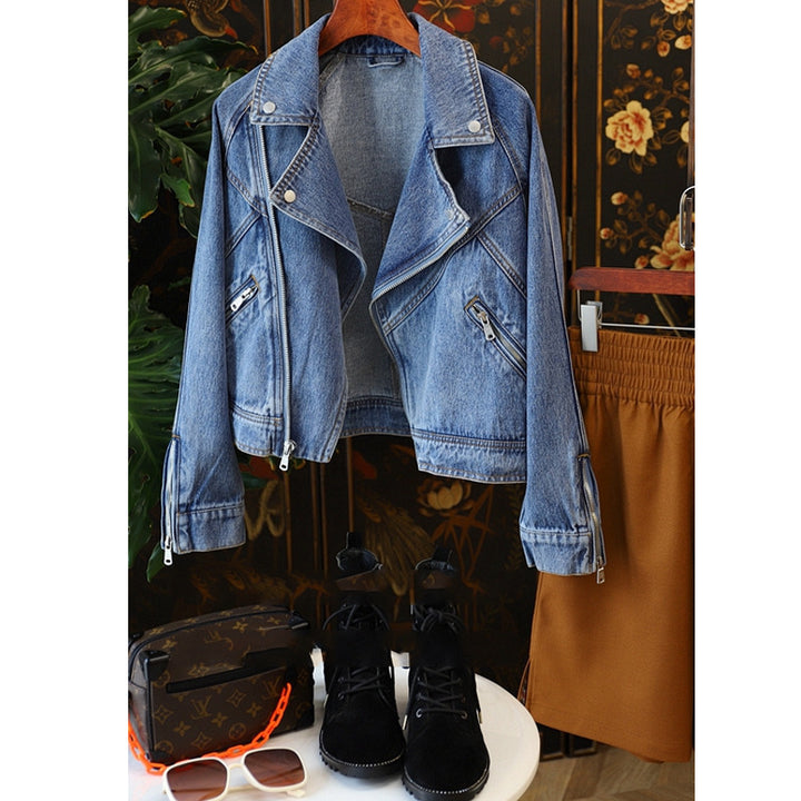 Large Lapel Long-sleeve Zipper Locomotive Style Denim Coat Jacket