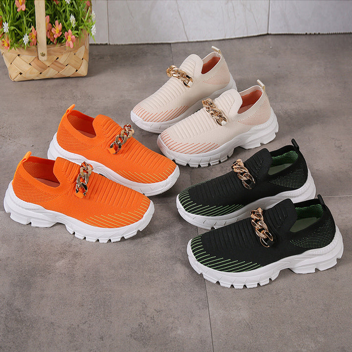 Fashion Chain Design Mesh Shoes  Breathable Casual Soft Sole Walking Sock Slip On Flat Shoes