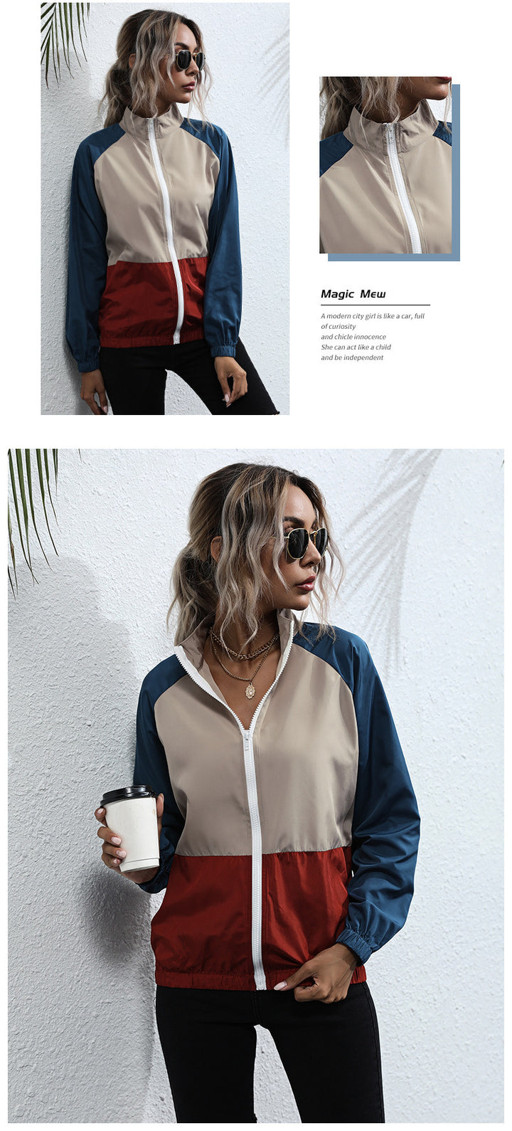 Loose All-matching Jacket Contrast Color Stand-up Collar Coat