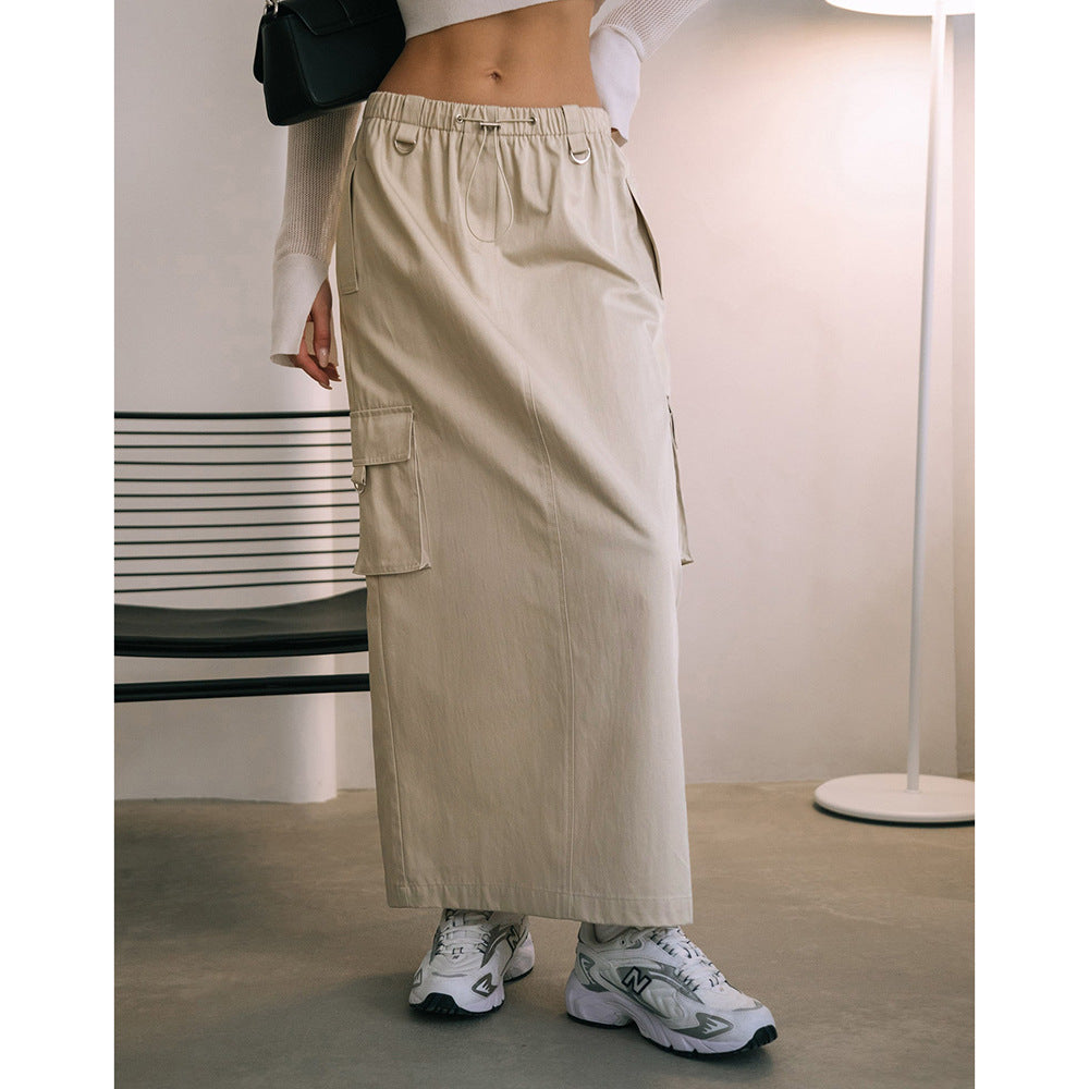 Fashion Drawstring Elastic Waist Double Pocket Cotton High Waist Skirt