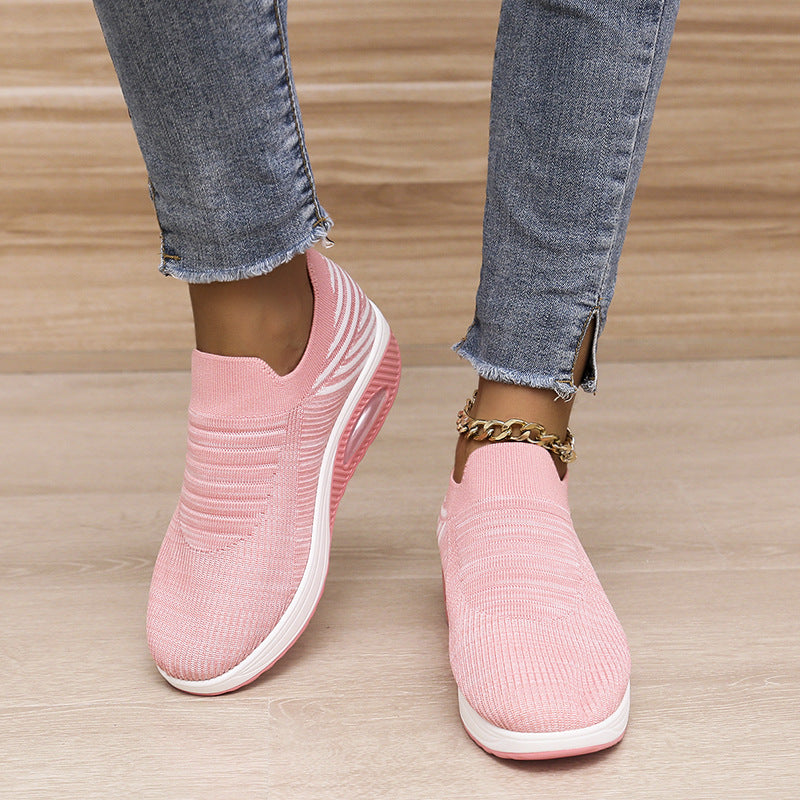 New Stripe Design Mesh Shoes Fashion Slip On Air Cushion Shoes Breathable Round-toe Flats Women