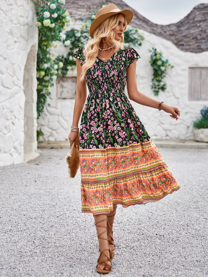 New Flowers Print V-neck Dress Summer Casual Ruffle Sleeveless Dresses Bohemian Holiday Beach Dress