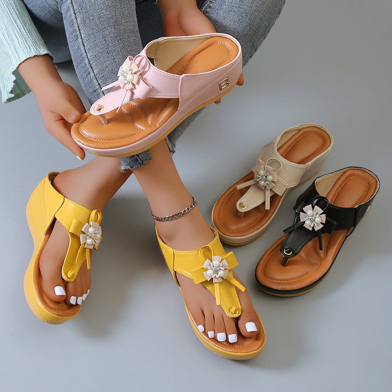 Flower Pearl Sandals Fashion Clip Toe Flip Flops Shoes Wedges Beach Shoes