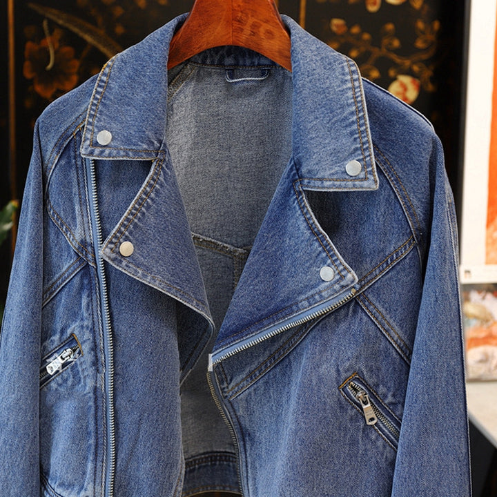 Large Lapel Long-sleeve Zipper Locomotive Style Denim Coat Jacket