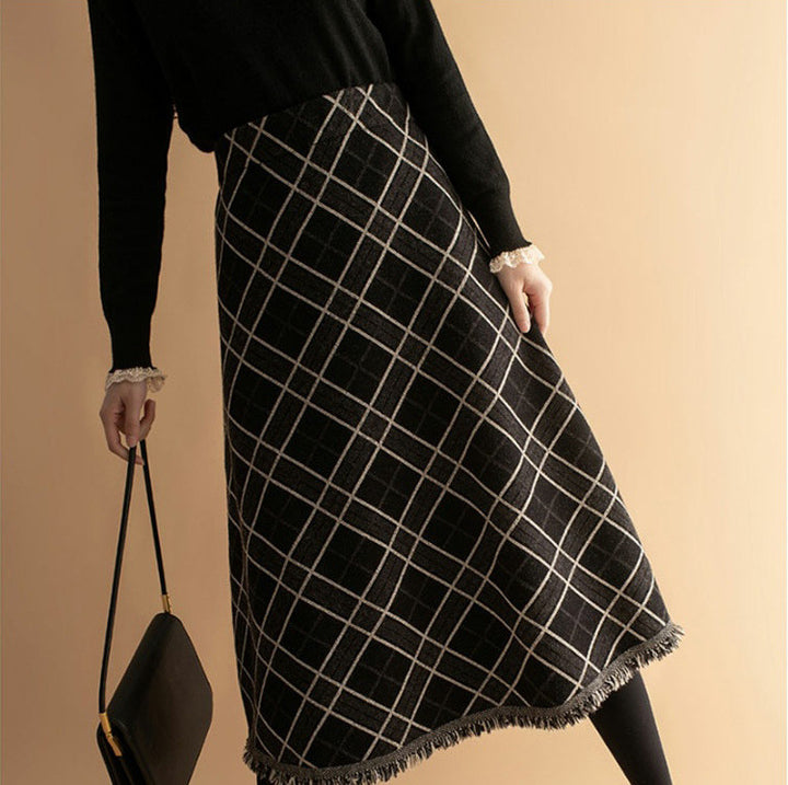 Plaid  Big Hem Skirt Wool Midi Dress