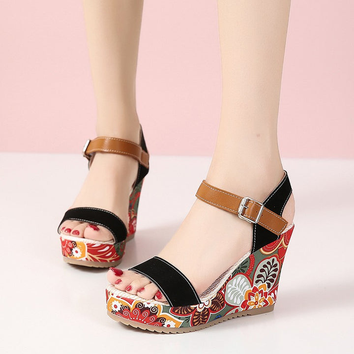 Fashion Flowers Embroidered High Wedge Sandals For Women Summer Toe Platform Buckle Shoes