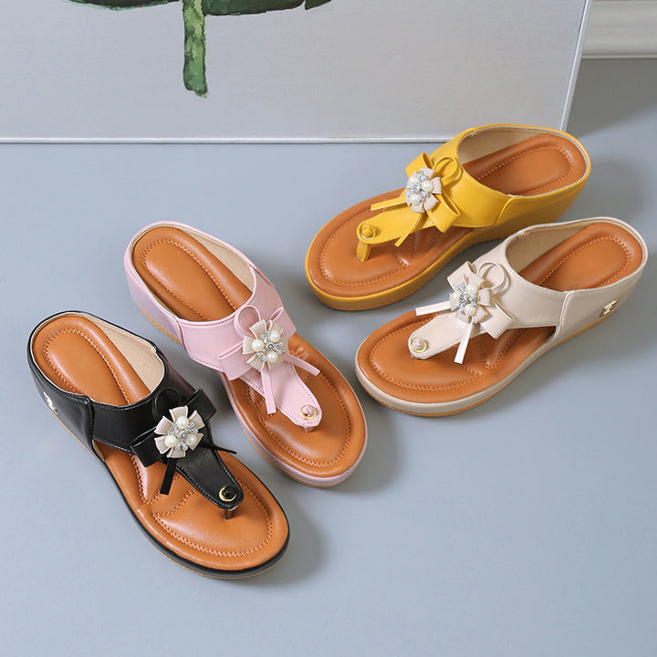 Flower Pearl Sandals Fashion Clip Toe Flip Flops Shoes Wedges Beach Shoes