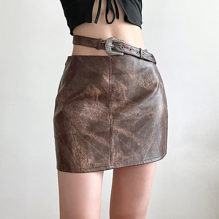 Fashion Brown Vintage Tie-dye Leather Skirt