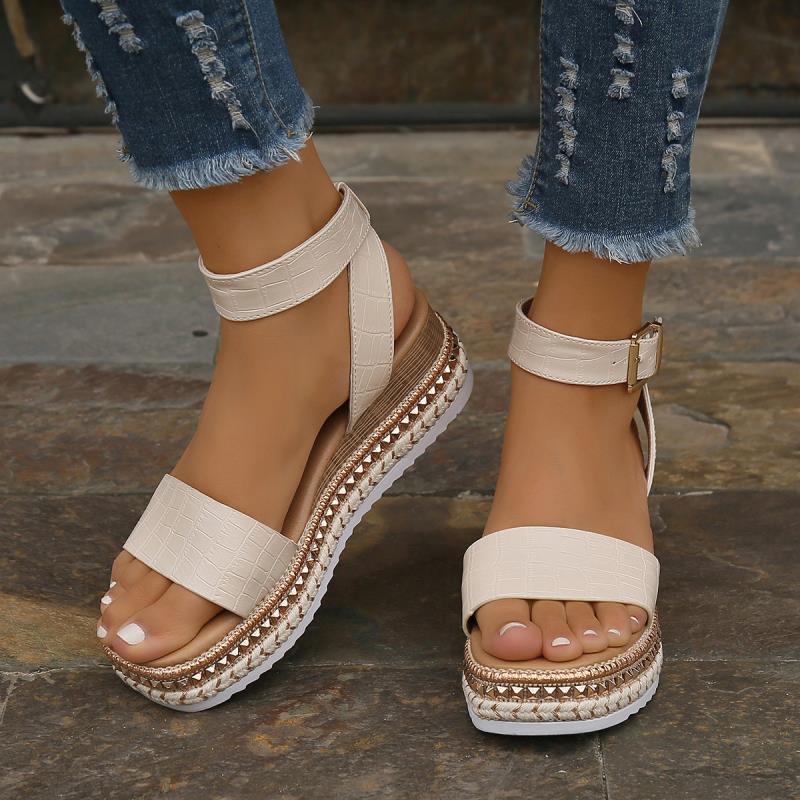 Summer Sandals Buckle Strap Hemp Wedges Platform Peep Toe Shoes