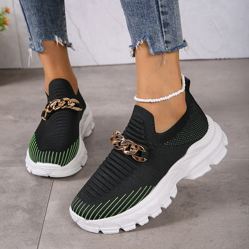 Fashion Chain Design Mesh Shoes  Breathable Casual Soft Sole Walking Sock Slip On Flat Shoes