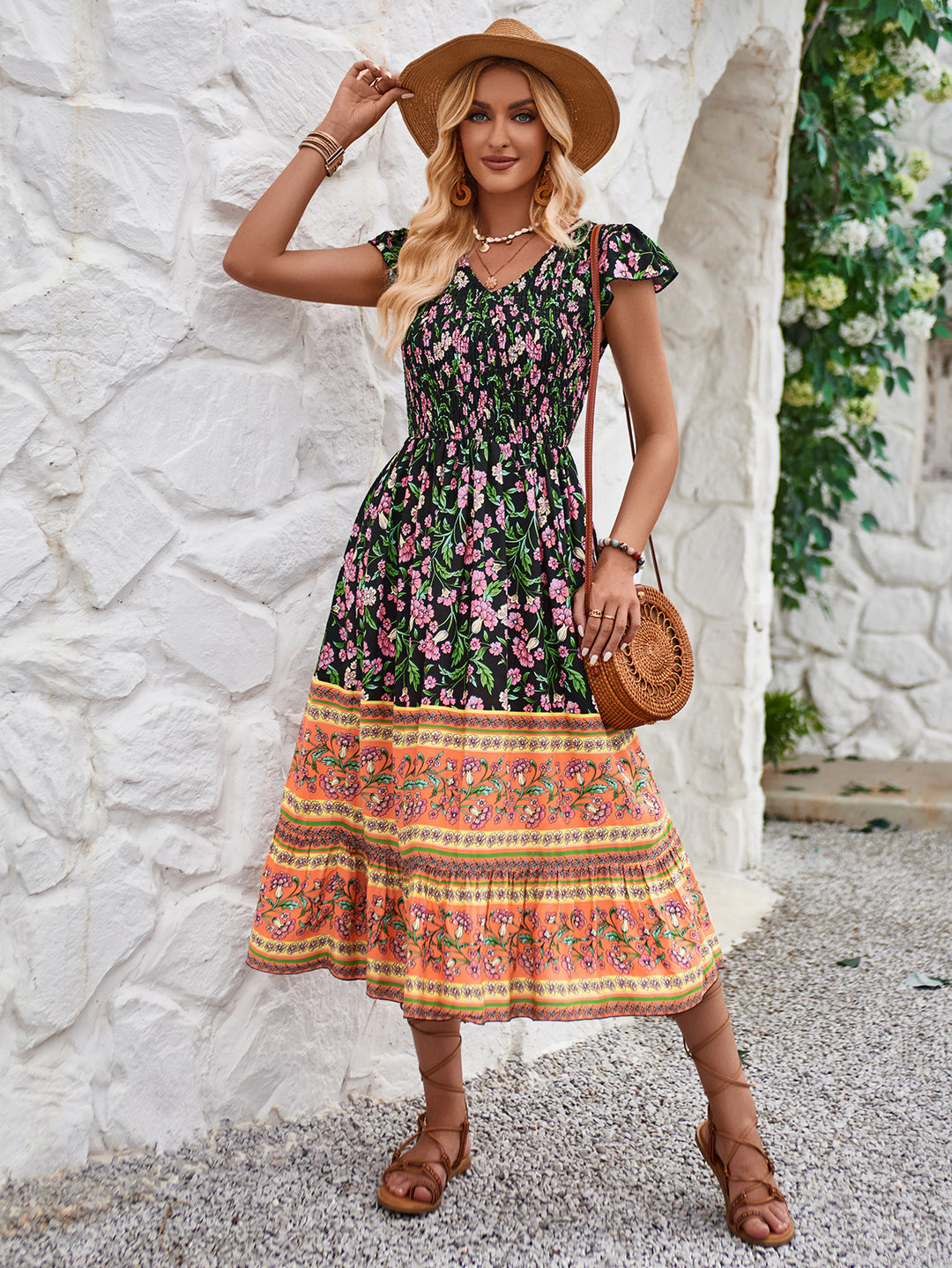 New Flowers Print V-neck Dress Summer Casual Ruffle Sleeveless Dresses Bohemian Holiday Beach Dress