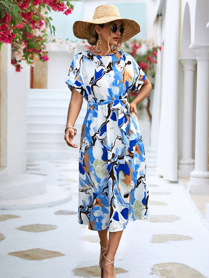 Summer Print Short-sleeved Dress Summer Loose Lace-up A-line Long Dresses Fashion Casual Holiday Beach Dress